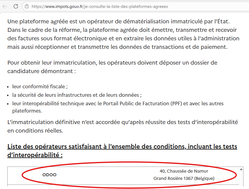 Odoo dans la liste des plateformes agréées